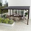 Domi 10'x14' Hardtop Wall Mounted Gazebo, Expandable Lean to Gazebo Pergola with Gutters & Galvanized Steel Roof, 60MPH Wind Resistance Outdoor Heavy Duty Canopy Sun Shade for Patio, Backyard - Brown