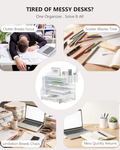 Image of WALI Desk File Organizer, 6 Tier Desktop Paper Letter Tray Organizer with Drawer and 2 Pen Holders, Office Desk Accessories & Workspace Organizers for Office, Home Supplies(DO007DH-W), 1 Pack, White