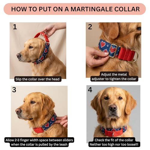 Image of Dog-O-Bow Cotton Blue and Red Heart Martingale Dog Collar, Durable, Comfortable & Adjustable Training Collar (Extra Large)