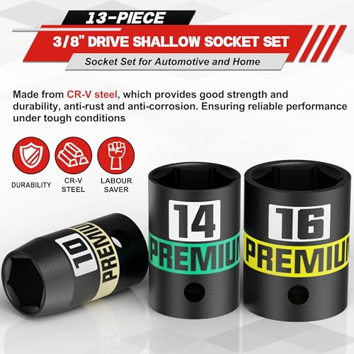 Image of 13-Piece 3 /8 inch Drive Shallow Impact Socket Set, 7-19mm, Semi-Deep Sockets, CR-V, Socket Set for Automotive and Home, Metric, 6 Point Socket Set for Automotive and Home