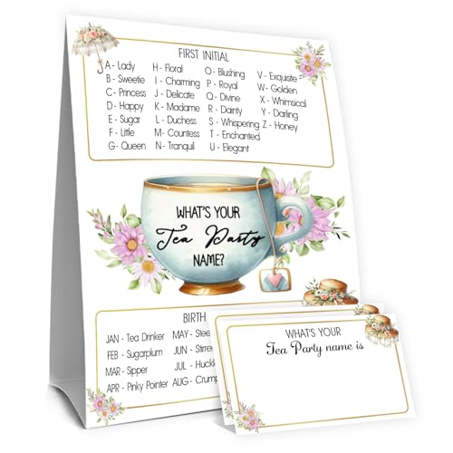Whats Your Tea Party Name Game Sign Vintage Tea Party Decorations Elegant Tabletop Decor for Girls Afternoon Tea Double Sided Sign with 30 Name Stickers Perfect for Bridal Showers