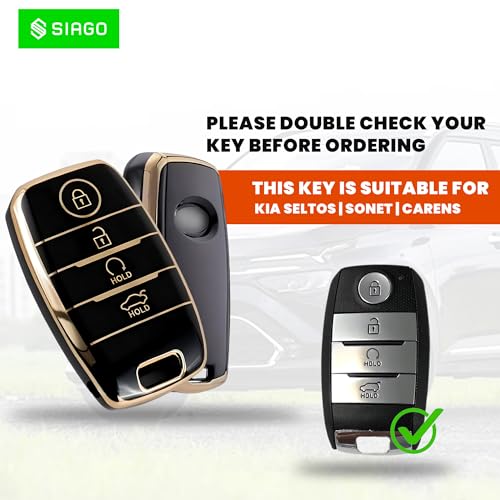 Image of SIAGO TPU Key Cover Compatible with Kia Seltos, Sonet, Carens, Carnival 4 Button Smart Key (Hold Button Down) (Black Pack of 1)