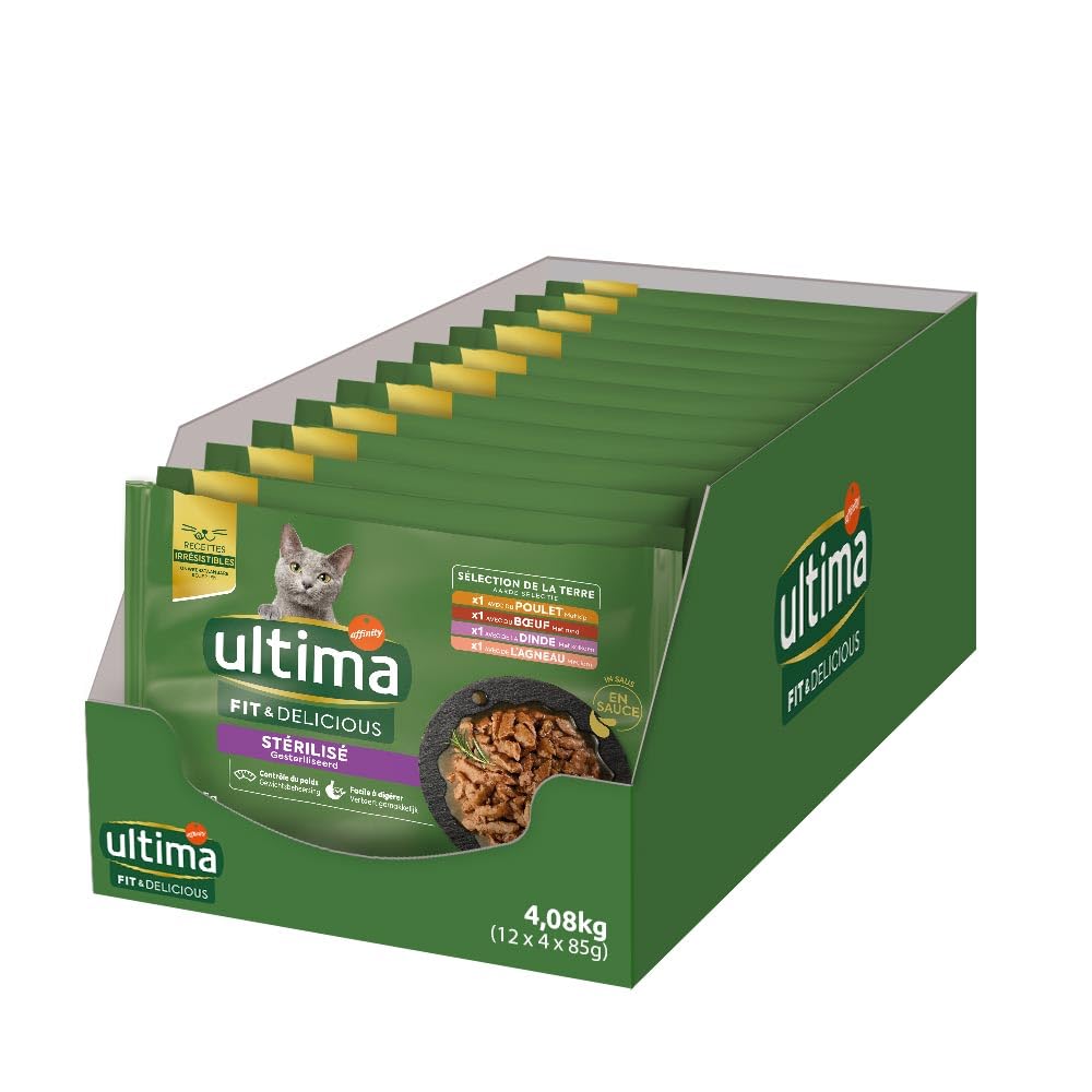ULTIMA sachet repas Chat Stérilisé Poulet, Dinde, Bœuf & Agneau - 12 Multipacks x 4x85 g