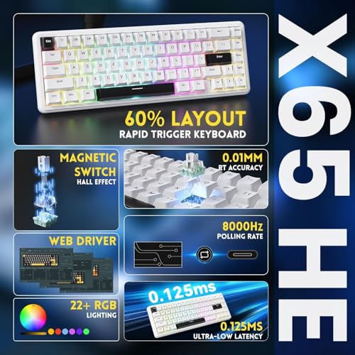 Image of ATTACK SHARK X65 HE Wired Rapid Trigger Magnetic Switch 65% Mechanical Gaming Keyboard, Hall Effect Top Mounted RGB Hot Swap,Adjustable Actuation,8KHZ Polling Rate,PBT Keycaps for Win /Mac(White)