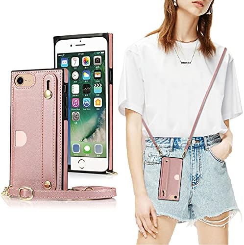 DEFBSC Wallet Case for iPhone SE 2022 5G,iPhone SE2nd Case, iPhone 7/8/6/6s Case with Finger Strap, PU Lanyard Case with Card Slot, Adjustable Crossbody Strap Shockproof Protective Case,Rose Gold