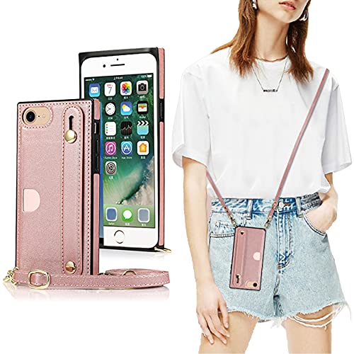 Defbsc Wallet Case For Iphone Se 2022 5G,Iphone Se2Nd Case, Iphone 7/8/6/6S Case With Finger Strap, Pu Lanyard Case With Card Slot, Adjustable Crossbody Strap Shockproof Protective Case,Rose Gold #TOP2