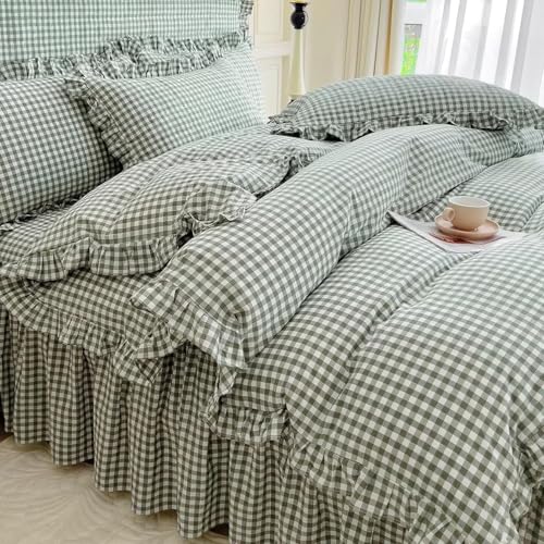 Image of LifeTB Queen Comforter Set Green Gingham Comforter Vintage Ruffle Checkered Pattern Comforter Set Chic Grid Plaid Bedding Comforter Lightweight Fluffy Soft Gingham Bedding Set Queen Breathable