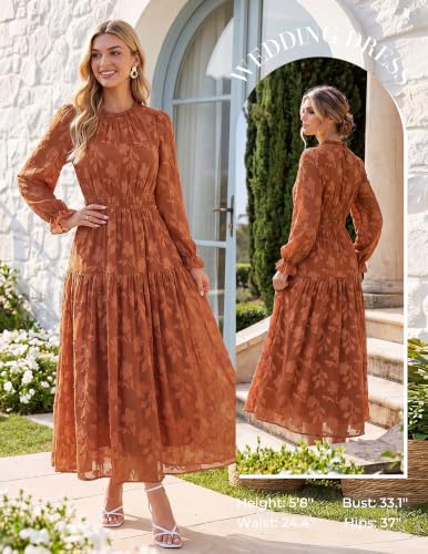 GRACE KARIN Women's Long Sleeve Maxi Dress Boho Floral Fall Wedding Guest Dresses Flowy Party Outfit with Pockets Pumpkin Orange M — view 4