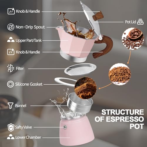Image of Aluminum 6 Cup 300ml Moka Pot Express Coffee Maker Stovetop Espresso Colorful Coffeemaker Italian Classic Style Brewing Greca Cafe Mocha Machine for Cafeteras Lover Camping Travel and Home Use 10oz