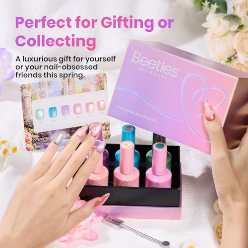 Image of Beetles Fairy Garden Cat Eye Gel Nail Polish Set - 6 Colors 15ML Full Size Spring Gel Polish Kit Glitter Pink Purple Blue Orange Red Green Magnetic Effect Soak Off UV Nail Art DIY Manicure