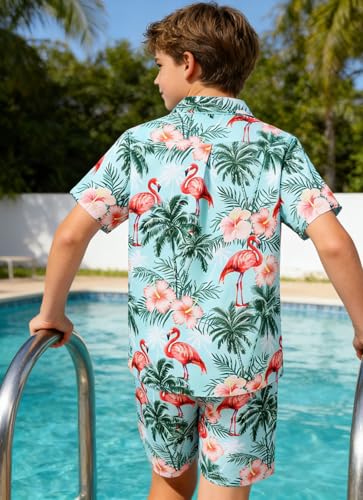 Image of UNICOMIDEA Boys Hawaiian Outfits Tropical Print Button Down Shirt + Swim Trunks 2 Piece Sets for 5-12T Kids