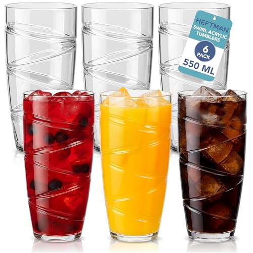 HEFTMAN Plastic Tumblers Set of 6-550ml Acrylic Tumbler Glasses with Swirl Design Stackable Re-usable Plastic Glasses for Garden Picnics Camping BBQs Parties or Everyday Use (Clear)