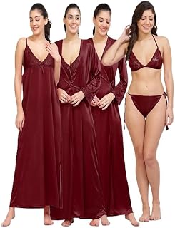 come4try Women's Satin Nightgown Set with Robe, 4 Piece Sleepwear, V-Neck, Lace Trim, Full Length, Summer Nightwear for Adult Price In India