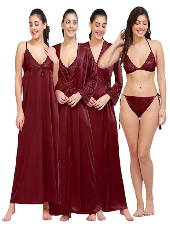 come4try Women's Satin Nightgown Set with Robe, 4 Piece Sleepwear, V-Neck, Lace Trim, Full Length, Summer Nightwear for Adult - Review, Price and Buying Guide