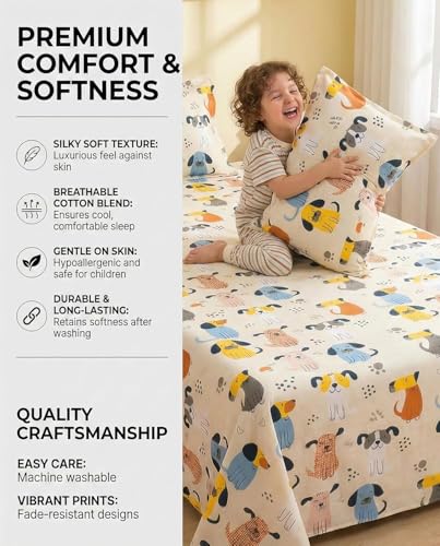 Image of RD FABS Glace Cotton Wrinkle Free Soft Hypoallergenic Single Bed Sheet with 1 Pillow Cover | Cartoon Printed Kids Bedsheet for Boys & Girls Room | 60x90 Inches | Beige Dog Print | 144 TC