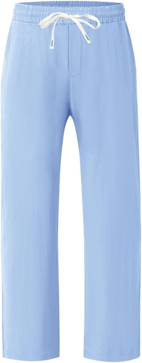 Mens Straight-Legs Elastic Waist Drawstring Lightweight Trousers Linen Pants Casual Summer Beach Pants with Pockets