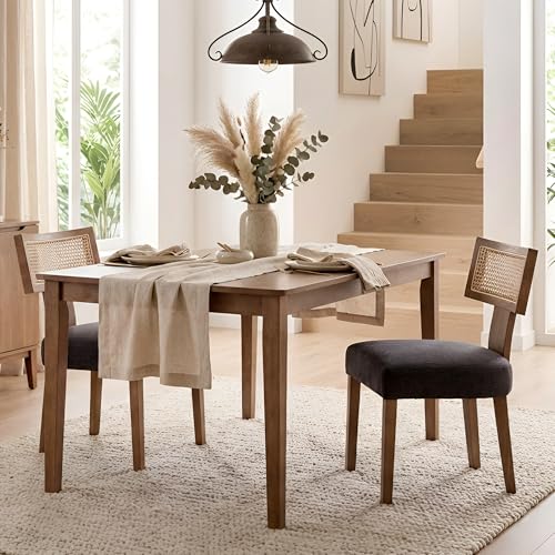 Image of HNY Mid Century Modern Rattan Dining Chairs Set of 2, Farmhouse Linen Upholstered Accent Chair Curved Backrest Kitchen Chairs, with Hardwood Frame, Charcoal