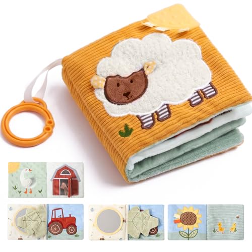 lets make Baby Sensorisches Stoffbuch Baby Spielzeug ab 0 3 6 12 Monate - Interaktive Fühlbuch Knisterbuch mit Spiegel Rassel Kinderwagenspielzeug Baby Geschenk Junge Mädchen (Schaf-Stoffbuch)