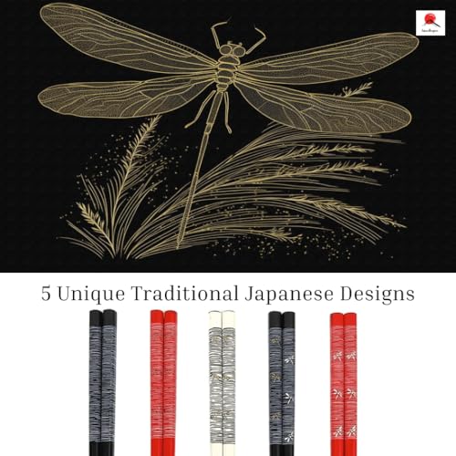 JapanBargain, 10 Pack of 5 Pair Bamboo Chopsticks Set, Reusable Japanese Chinese Korean Wood Chop Sticks, Hair Sticks, Dragonfly Pattern, Dishwasher Safe - Thumbnail 2