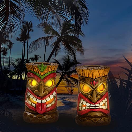 Teresa's Collections Tiki Head Garden Decor With Solar Lights, Set Of 2 Tropical Hawaiian Tiki Torch Garden Sculptures & Statues Totem Pole For Tiki Bar Outdoor Patio Pool Deck Yard Summer Decorations #TOP1