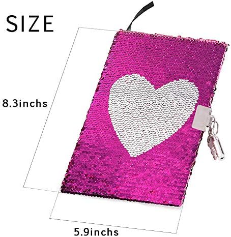 Sequin Notebook Lockable Diary Reversible Sequin Journal, A5 Secret Notepad and Pens Writing Stationery Set with Sequin Keychain Birthday Gift for Girls Kids (Heart)