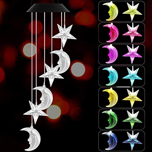VICOODA Wind Chimes Outdoor, Solar Wind Chimes Color-Changing Moon Star Waterproof Unique Decoration Chimes Mobile Solar Light Mom Birthday Gift for Home Balcony Festival Garden Yard(Moon & Stars)