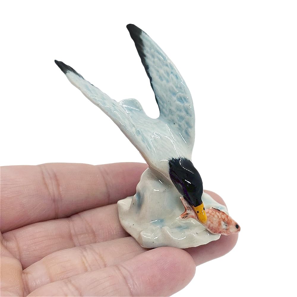 WitnyStore Tiny 2½" Flying Mediterranean Seagull Gull Sea Bird Figurine - Miniature Hand Made Ceramic Birds Aves Colorful Porcelain Feathered Animals Cute Decorative Collectible Figures Décor Gifts