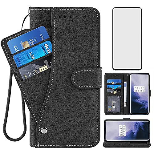 Asuwish Compatible with OnePlus 7 Pro Wallet Case and Tempered Glass Screen Protector Flip Cover Card Holder Cell Phone Cases for OnePlus7Pro 5G One Plus 1+7 1Plus OnePlus7 7Pro One+ 1 + Seven Black