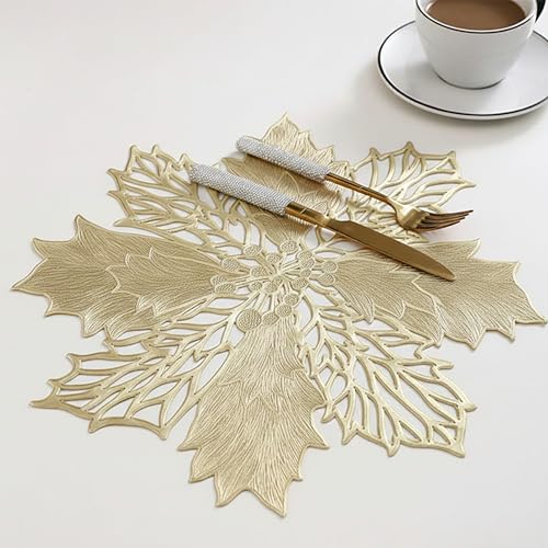 Image of Yellow Weaves 2 Pcs PVC Botanical Star Design Table Placemat, Dining Table Mat, Anti-Skid, Washable, Dining, Kitchen, Restaurant Table Set Easy to Clean, Durable (Golden)