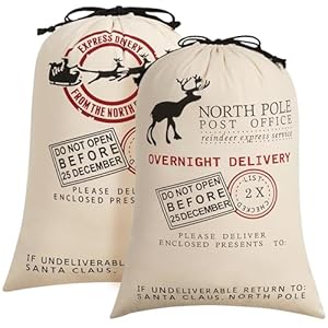 HBlife 2 sacos de lona de Papá Noel, bolsas grandes de Papá Noel de 19.7 x 27.6 pulgadas para regalos, sacos de Navidad personalizados para regalos con cordón, paquete de 2 A