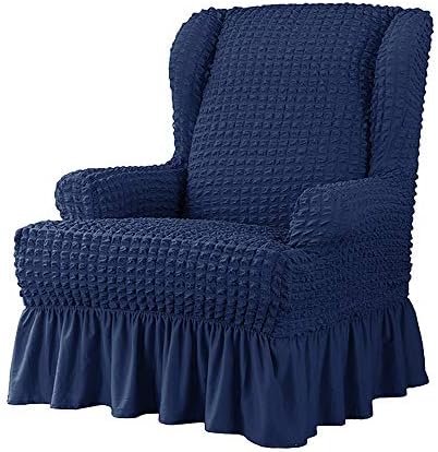 EIVMAX Seersucker Stretch Wingback Chair Slipcover with Skirt 1-Piece Royal Blue Wing Chair Covers Wingback Armchair Slipcover Sofa Cover Non Slip with Furniture Protector (Royal Blue)