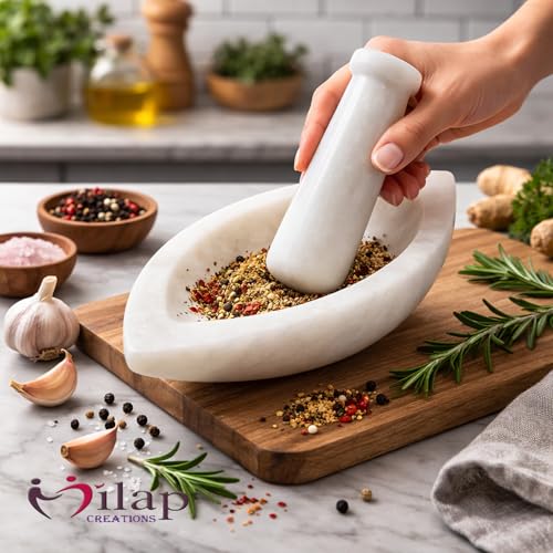 Image of White Boat Shape Marble Mortar and Pestle Set 7 Inch kitchen tool for grind, crush, and mix spices, herbs, chutneys, pastes, and medicines.