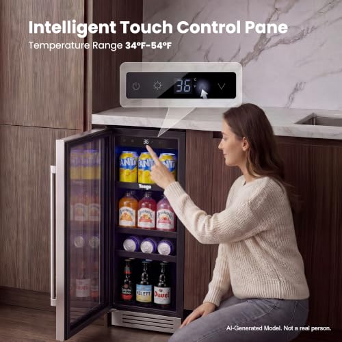 Image of Yeego 12-Inch Beverage Refrigerator - 60 Can Mini Drink Fridge with Left-Hinged Glass Door, Built-In or Freestanding Beverage Cooler for Beer, Soda & Wine, Home Bar, Office, Bedroom