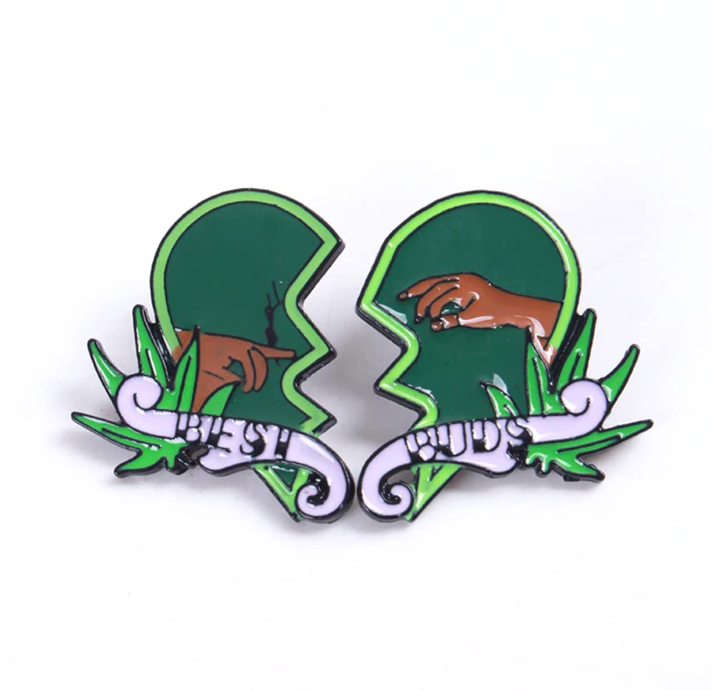 Green Splicing Love Broken Heart Enamel Pin Hand of God Meme Stoners Funny Title Best Buds Novelty Marijuana Cannabis 420 Weed Brooch Buttons Jewelry for Jackets Jeans Backpack Cloth Lapel Bag Hat Gift for Lovers Girl Women Boy Men Friends