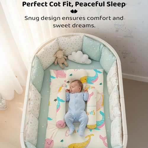 Image of StarAndDaisy Newborn Baby Bedding Nest 100% Cotton Cushioned Mattress Sheet with 2 Side Bolster Pillows & 1 Head Pillow Breathable & Soft for Boys & Girls Ocean Print