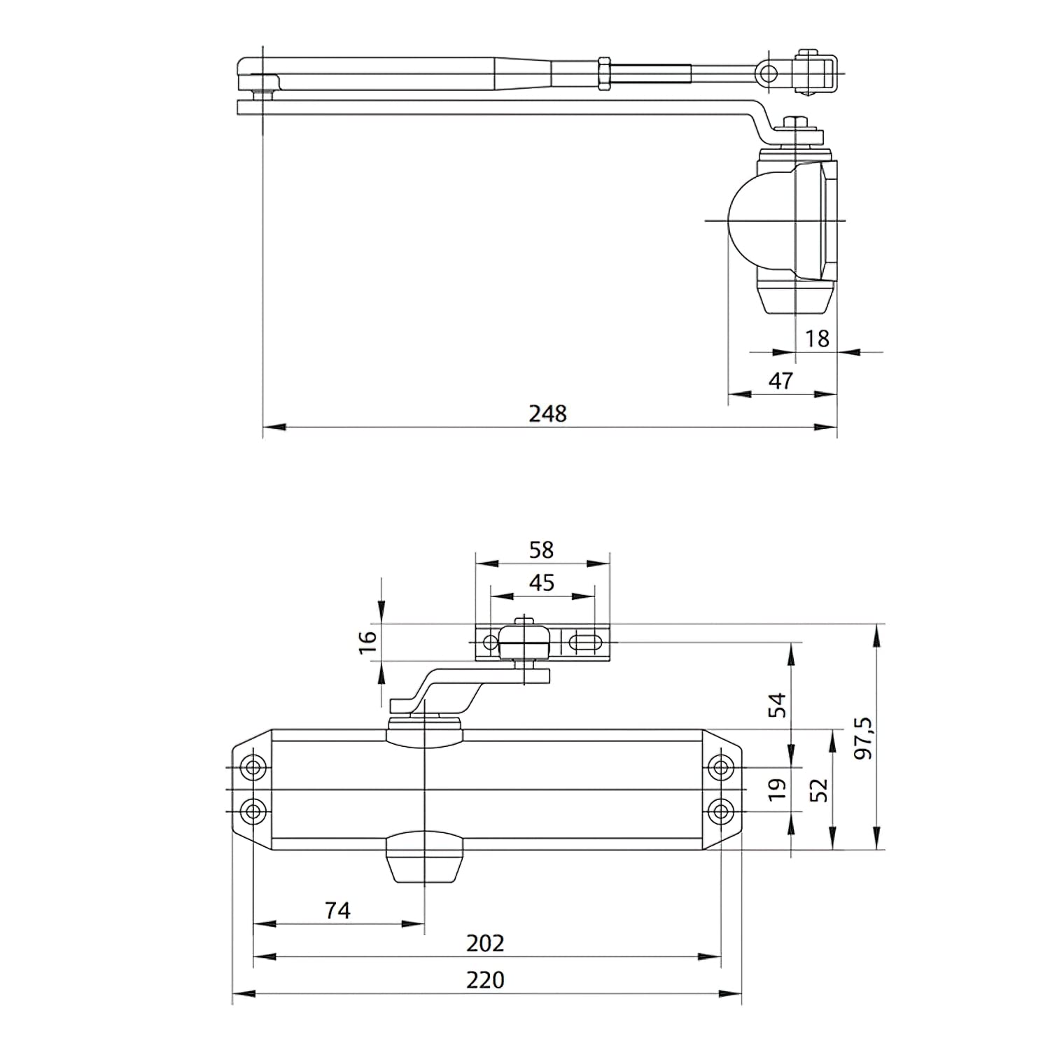 TESA DC120 DC120-EV1- cierrapuertas, EN 4, para puertas hasta 80 kg, brazo articulado, apto para puertas cortafuegos, acabado Plata EV1, instalación en superficie, control de cierre regulable