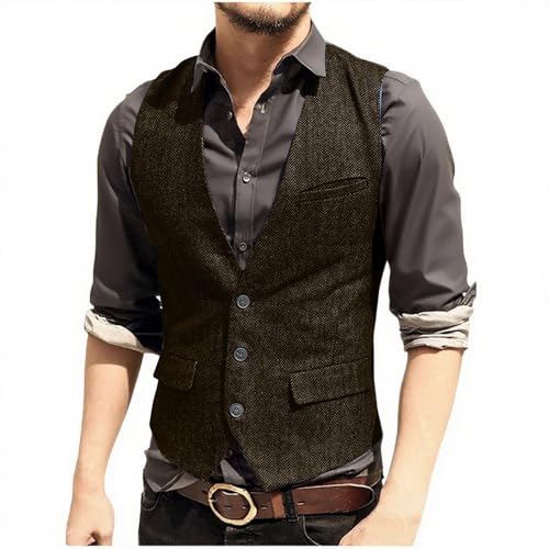 Men's Western Cowboy Suit Vest Slim Fit V-Neck Herringbone Dress Vests Casual Three Buttons Waistcoat for Wedding2