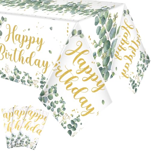 Image of Hahafelt 3 Pcs Sage Green Disposable Tablecloth Happy Birthday Table Cover 54 x 108 Inch Eucalyptus Leaf Plastic Table Cloth Greenery Birthday Party Decorations for Boys Girls Women Men