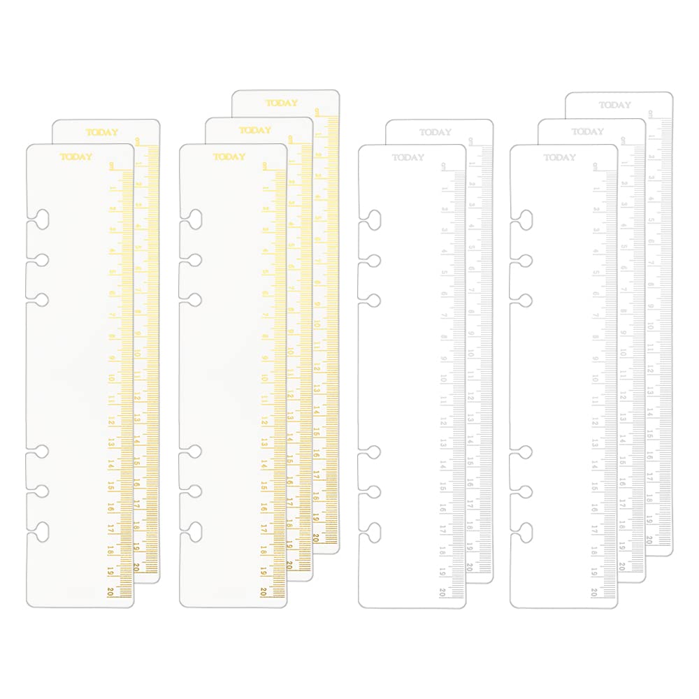 10pcs A5 Binder Dividers Ruler Gold Hot Stamping 20cm Scale 6 Holes Gilding Silver Foil PP Bookmark Ruler for Loose Leaf 6 Ring Binder Notebook Planner Snap in Bookmark Divider Measuring Rulers Set