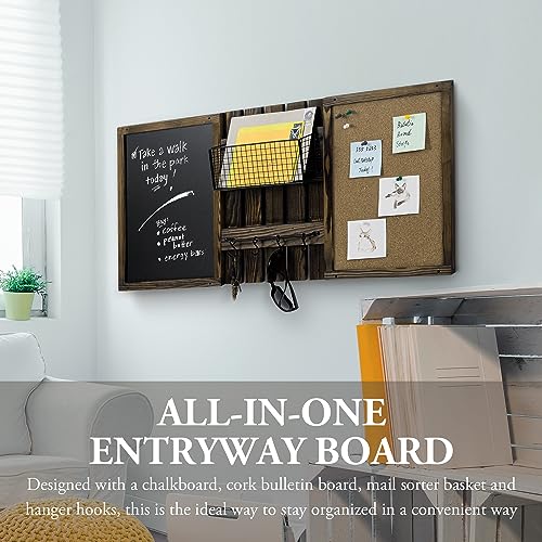 MyGift 3 Panel Wall Mounted Entryway Bulletin Board Combo Set with Rustic Burnt Solid Wood Frame with a Chalkboard, Cork Board, Black Metal Mail Basket, and Hanging Rail - Image 4
