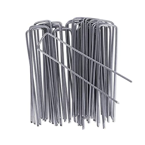 OUNUO Ground Anchors, Galvanised, Anti-Rust, 150 mm Long x 25 mm Wide, Diameter 3 mm, U-shaped Ground Anchor for Weed Control Fabric, Garden Fence, Camping, Garden (50, Silver)