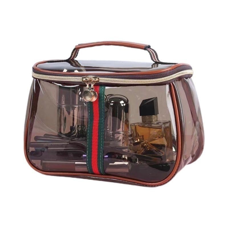 GLOLOOS New Retro Vintage Vanity Bag, Clear Makeup Organizer with Handle,Large Capacity Waterproof Makeup Organizer bag with Zipper,Travel Cosmetic & Skincare Storage Case for Ladies (Coffee)