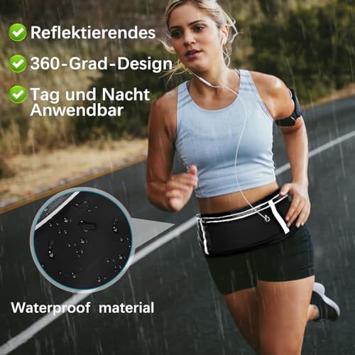 WuGU Laufgürtel, Lauftasche Jogging, Bauchtasche Wasserdicht, Running Belt Mit 3 Taschen, Verstellbare Lauftasche Mit Nacht Reflexband und Kopfhöreranschluss für Gehen, Verstellbarem Gummiband