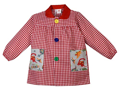 KLOTTZ Dinos Bata Colegio Dinosaurios Babi guardería y Colegio a Cuadros con Botones Payaso. Asa para Perchero y Bolsillos. Fabricado en España.Talla 4. Rojo