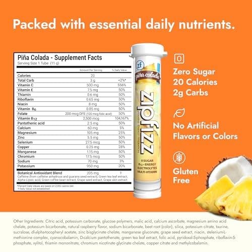 Image of Zipfizz Daily Energy Drink Powder, Pina Colada, 20 Pack | 3-in-1 Sustained Energy, Rapid Hydration, and Essential Vitamins | Sugar-Free | Electrolyte Powder | Contains Vitamin B-12 & Antioxidants