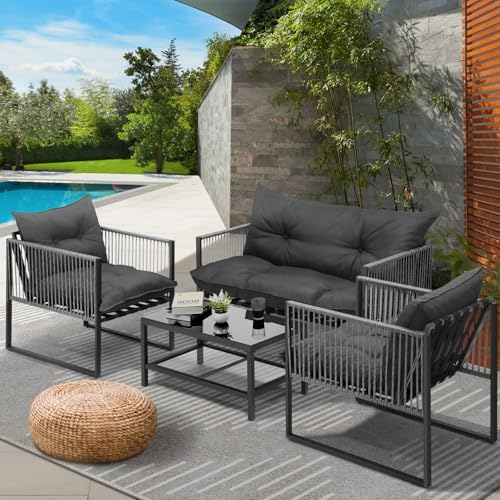 Livsip Outdoor Dining Set with Tempered Glass Table and Soft Cushions Seat 4Pcs