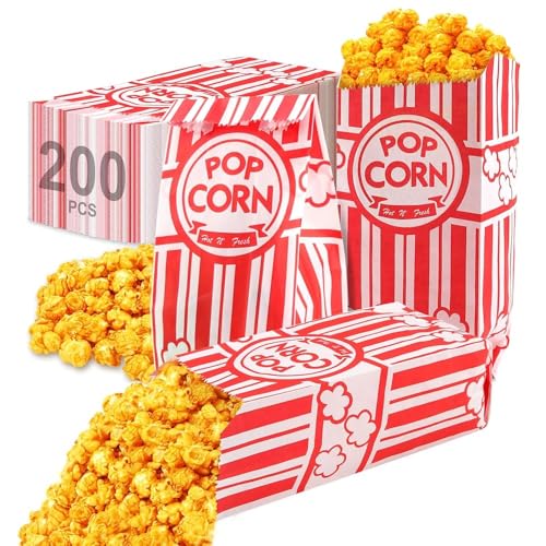 Lot de 200 Sachet Pop Corn, Sachet Popcorn en Papier Sac Pop-corn Bags Pliable Petites Popcorn Boîtes pour Popcorn Machine, Party, Carnaval, Cinéma Rétro...