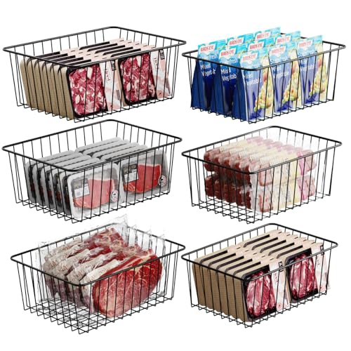 iSPECLE Freezer Organizer Bins - 6 Pack Stand Up Freezer Organizers for 16 Cu.Ft Upright Freezer, Storage Baskets for Meat & Veggies, Prevents Items Falling, Slide-Out Access, 3 Large 3 Medium, Black