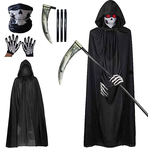 KEELYY Sensenmann Kostüm, Halloween Kostüm Sensenmann Umhang mit Kapuze Halloween Sense Gesichtsmaske Handschuhe, Tod Kostüm für Erwachsene Halloween Party Dekoration, Cosplay, Karneval