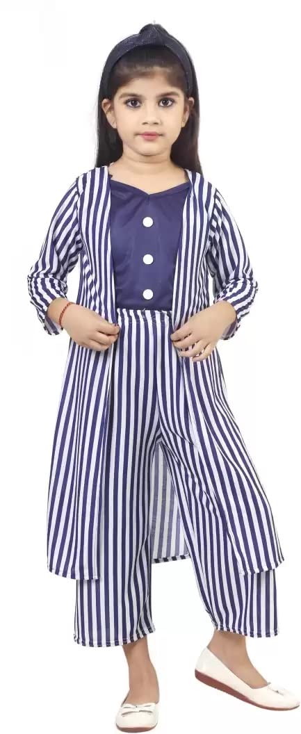 SPAMitudeGirls Self Designed Jacket Jumpsuit Dress| Girl's Cotton Blend  Jumpsuit with Jacket V Neck Knee Full Length Striped Jumpsuit Dress